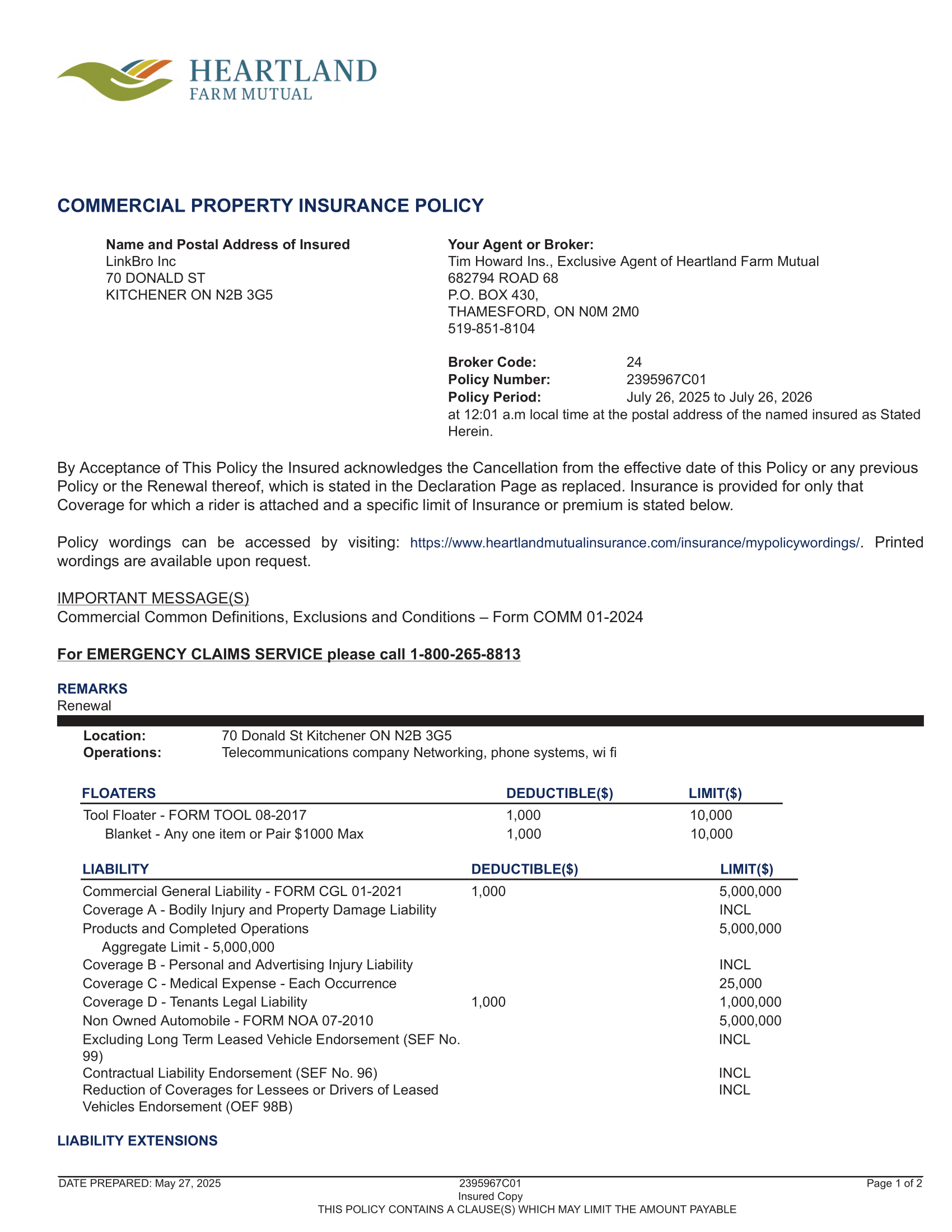 Insurance Certificate Page 1
