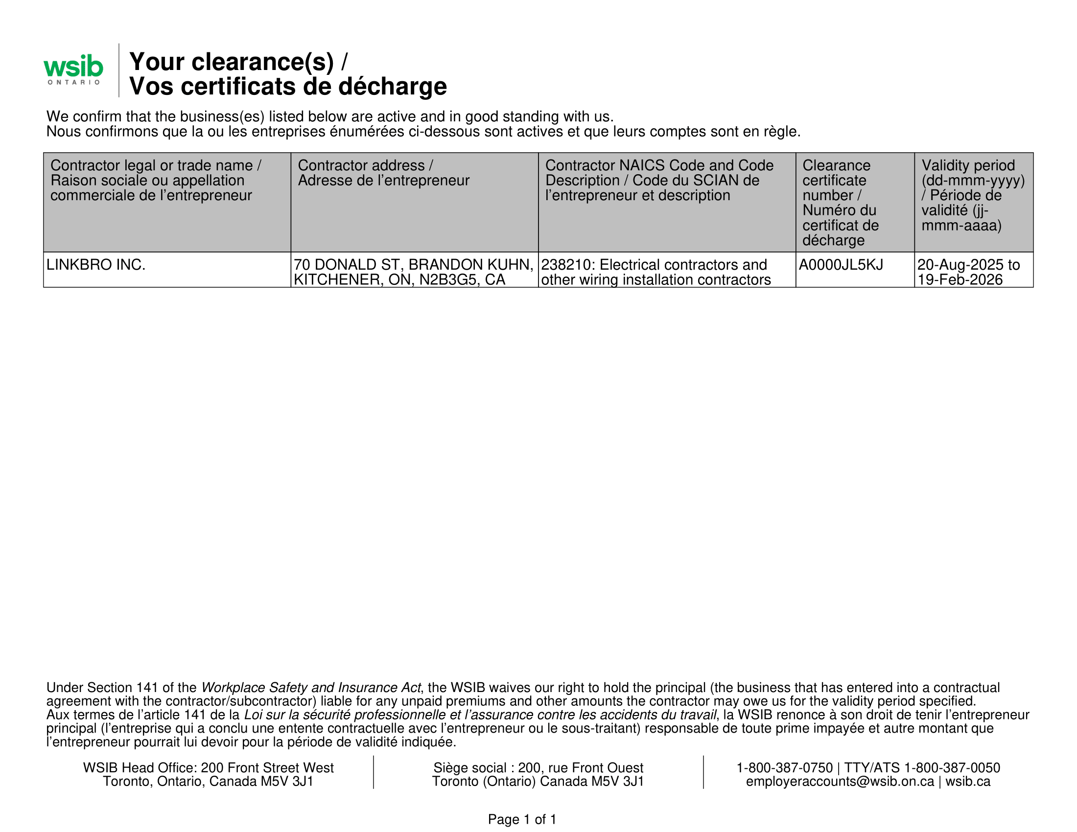 WSIB Certificate Page 1